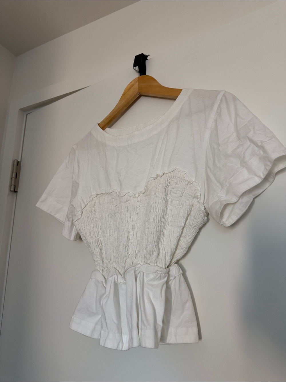 White Smocked Peplum Crop Top with Short Sleeves